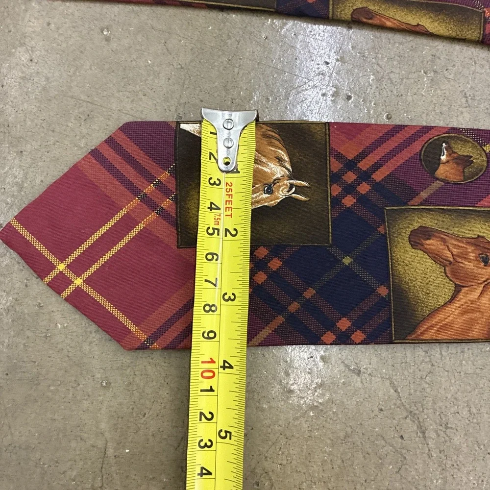 Vintage Equestrian Dogs Rare Polo Ralph Lauren Tie - Silk Handmade! Plaid! Red